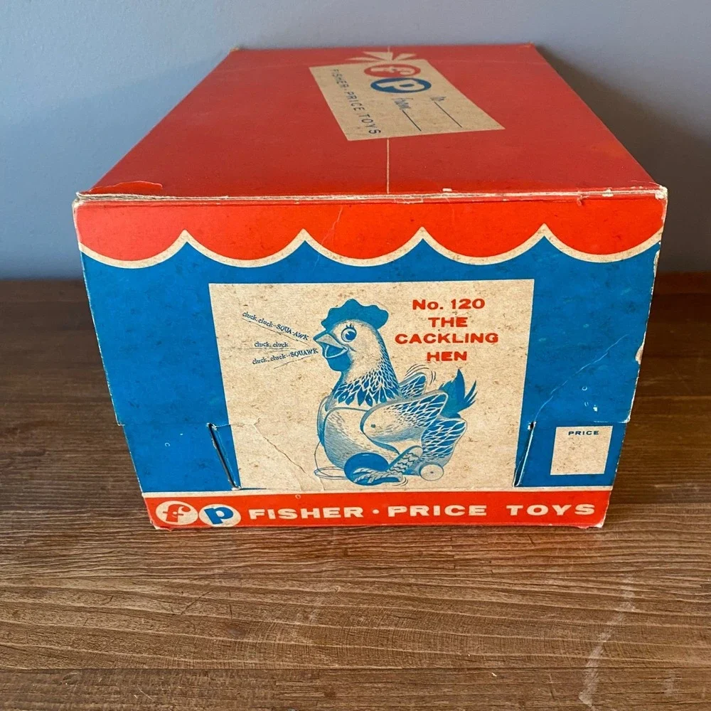 Vintage Fisher Price The Cackling Hen 120 Wooden Pull Toy with Original Box